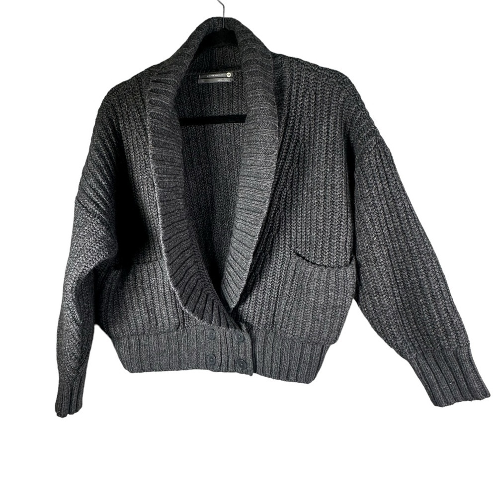 Anthropologie Deep V Cardigan Sweater Button Gray Carbon Oversized Chunky Knit - Picture 6 of 13